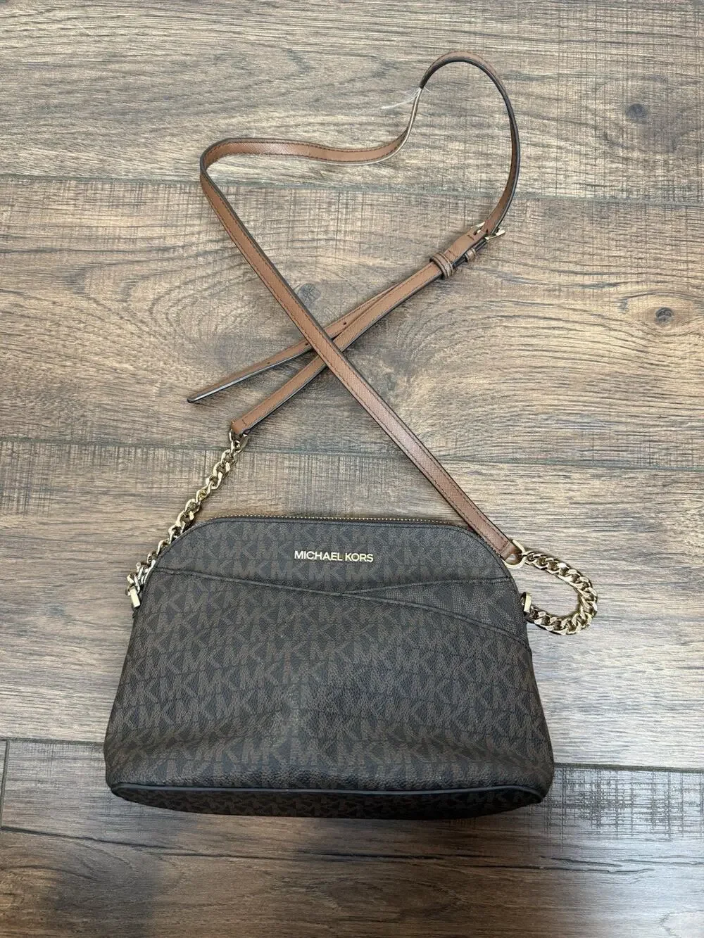 Michael Kors Jet Set Travel Medium Dome Crossbody Brown Signature MK Bag